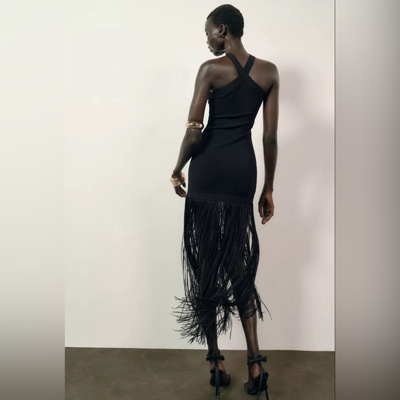 NWT ZARA LONG STRETCH FRINGE DRESS SIZE S - Picture 8 of 12